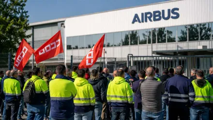 Manifestantes ante las oficinas de Airbus, portan banderas rojas con letras blancas de CCOO.