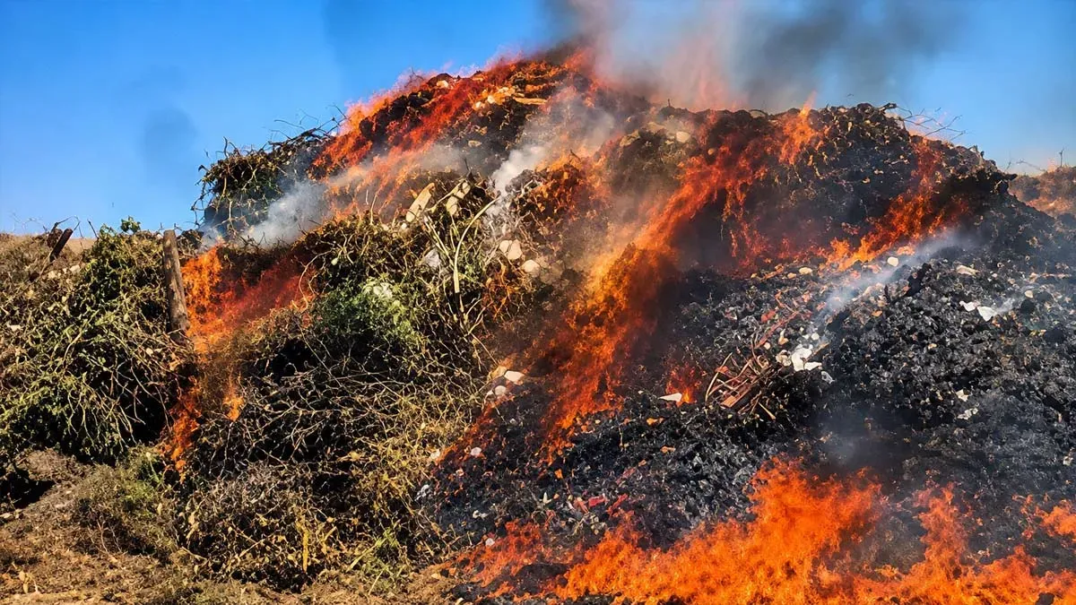 Montón de ramas y residuos ardiendo en el vertedero de Chiclana.