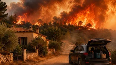 Bosque ardiendo y personas huyendo ante la proximidad de las llamas a una casa.