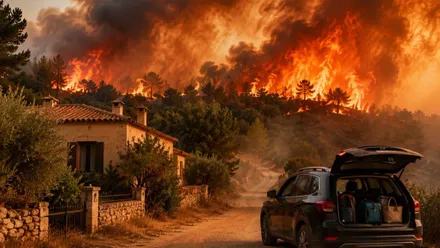 Bosque ardiendo y personas huyendo ante la proximidad de las llamas a una casa.
