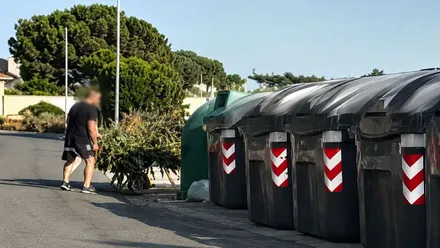 Una serie de contenedores alineados y una persona tirando ramas en un carrillo de mano.
