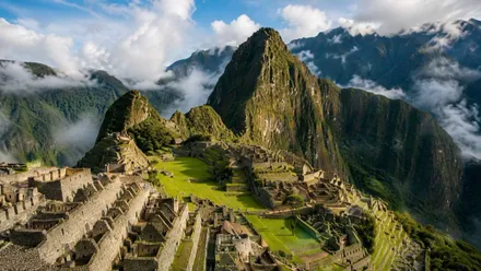 Ciudadela de Machu Picchu con sus verdes y escarpadas montañas.