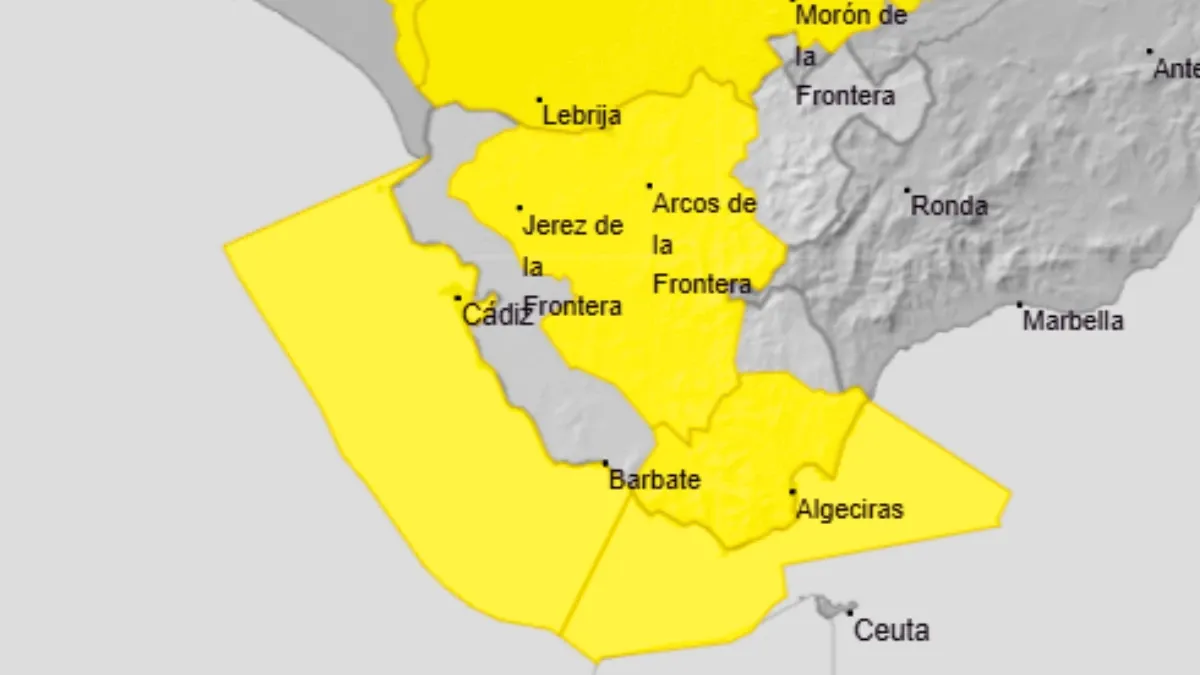 Mapa de avisos amarillos este lunes 27 de julio en la provincia de Cádiz por fenómenos costeros y por rachas de viento. Foto: Aemet.