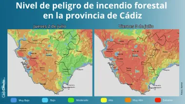 Mapa de riesgo por incendio forestales en la provincia de Cádiz. Foto: Aemet.