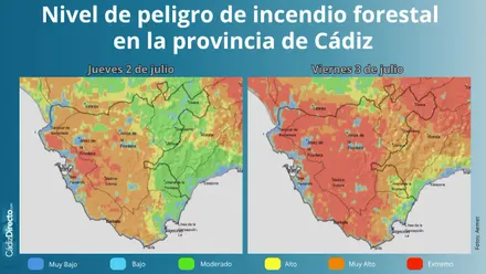 Mapa de riesgo por incendio forestales en la provincia de Cádiz. Foto: Aemet.