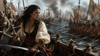 Bella mujer luchando en un barco en la Batalla de Lepanto.