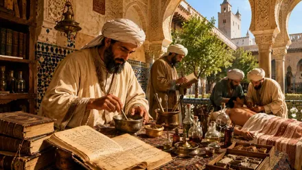 Médico musulmán, de Al-Ándalus, haciendo pócimas.