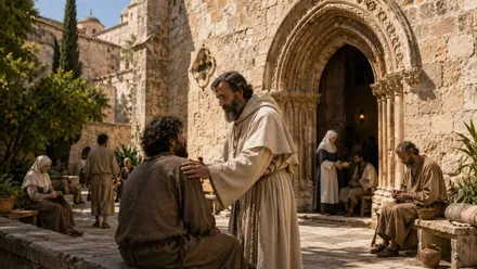 Sacerdote atiende a un enfermo mental sentado en un poyete de piedra.