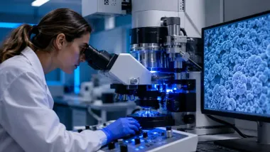 Mujer en un laboratorio mirando por un microscopio.