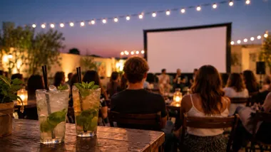 Personas entorno a una pantalla de cine y un vaso de mojito en una barra de bar.