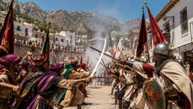 Personas vestidos de moros y otros de cristianos recreando una lucha.