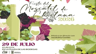 Cartel de la Fiesta del Moscatel, con uvas y vino pintadas.
