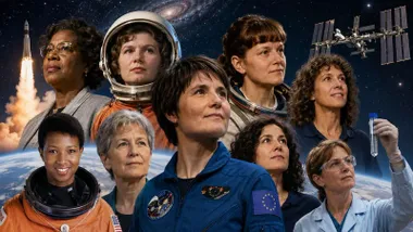 Diferentes mujeres que han ido al espacio en diferentes épocas, es una especie de collage.