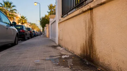 Muro en color salmón con una mancha amplia de orines.
