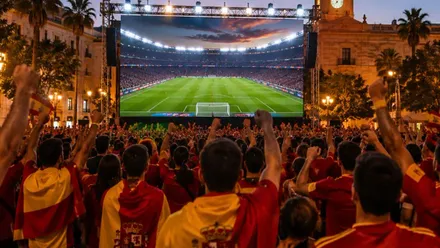 Pantalla gigante en una plaza y muchos aficionados españoles viendo la misma.