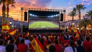 Pantalla gigante en una plaza y muchos aficionados al fútbol viendo un partido en ella.