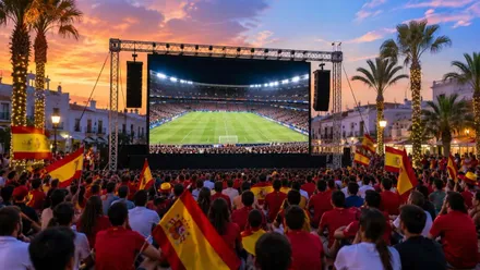 Pantalla gigante en una plaza y muchos aficionados al fútbol viendo un partido en ella.