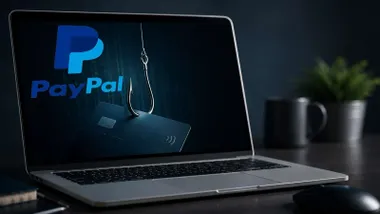 Ordenador con una tarjeta y el símbolo de Paypal mientras un anzuelo pesca la tarjeta.