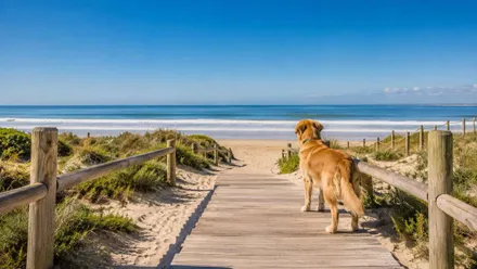 Acceso en tablas de madera a una playa canina, hay un perro color canela en el mismo.