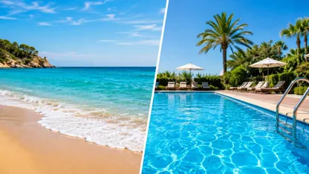 Imagen de una playa de arena fina y, su derecha, una piscina de aguas muy cristalinas.