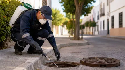 Alcantarilla abierta y operario fumigando contra las plagas.