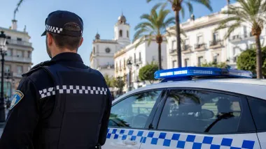 Coche patrulla de la Policía Local y un agente al lado.