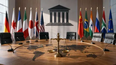 Banderas de diferentes países en una mesa con el mundo y la balanza de la justicia.