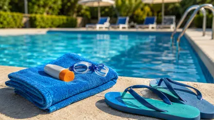Piscina en cuyo bordillo hay una toalla con gafas de natación y crema protectora contra el sol.