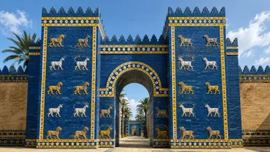 Puerta de Ishtar con sus azulejos azules y leones en blanco y oro.