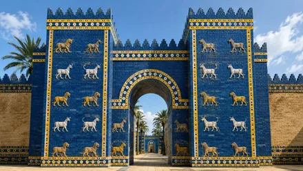 Puerta de Ishtar con sus azulejos azules y leones en blanco y oro.