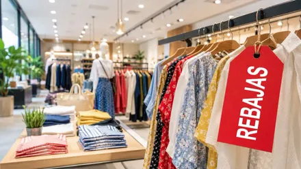 Ropa con la etiqueta de rebajas en una tienda.