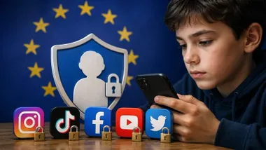 Niño toca un teléfono móvil, hay íconos de redes sociales y una señal para limitar el uso de las mismas bajo propuesta de la Unión Europea.