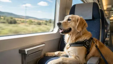 Perrito color canela mirando por la ventanilla de un tren.