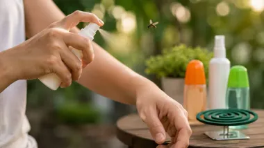 Brazo de una mujer mientras se pulveriza un repelente contra mosquitos.