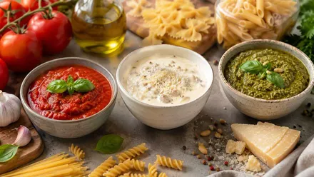 Tres cuencos con distintos tipos de salsa, de tomate, yogurt y verde.