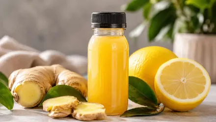 Envase con jengibre, con limón tras el mismo.