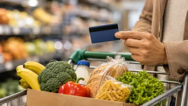 Un carro de la compra y una persona con una tarjeta monedero para familias vulnerables.