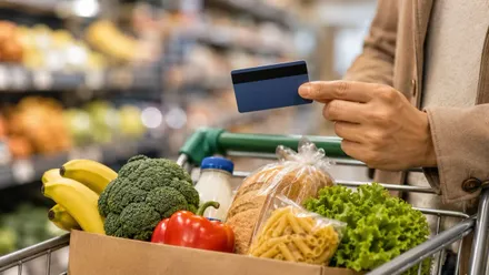 Un carro de la compra y una persona con una tarjeta monedero para familias vulnerables.