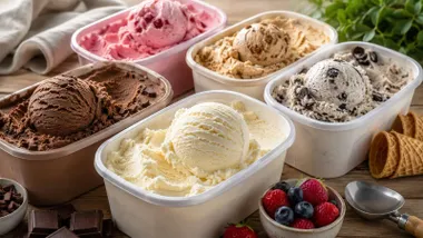 Tarrinas con helados de vainilla, chocolate, fresa, turrón.