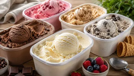 Tarrinas con helados de vainilla, chocolate, fresa, turrón.