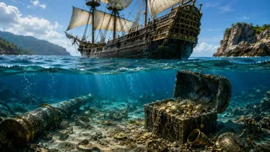 Un galeón navegando y, bajo él, un cofre con un tesoro y un cañón cercano.
