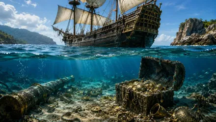 Un galeón navegando y, bajo él, un cofre con un tesoro y un cañón cercano.