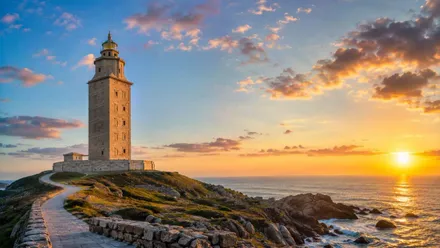 Sobre un monte la Torre de Hércules de A Coruña.