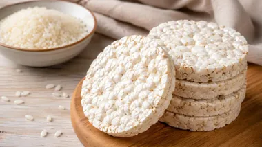 Pila de cuatro galletas de arroz, destacan por su granulado y blancura.