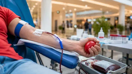 Persona donando sangre en un Centro Comercial.