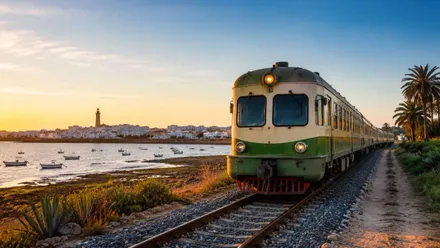 Tren de especto viejo por las vía y al fondo una localidad con un faro.