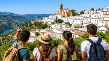 Grupo de jóvenes observando un pueblo.