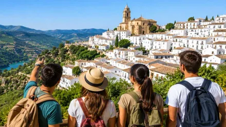 Grupo de jóvenes observando un pueblo.