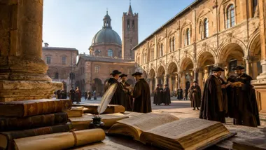 Patio de Bolonia con un centro de educación que sería la universidad.
