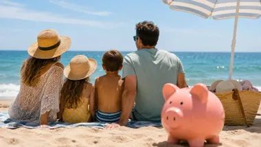 Familia en playa y hucha en forma de cerdito.
